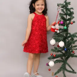 Lil Drama Cotton Sleeveless Floral Applique Detailed Dress - Red-image-55