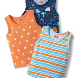 Babyhug 100% Cotton Single Jersey Knit Sleeveless Antibacterial Sando With Stripes Dino & Star Print Pack Of 3 - Orange Light Blue & Navy Blue-picture-31