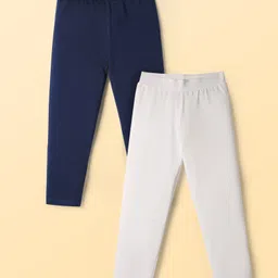 Pine Kids Cotton Lycra Knit Full Length Solid Coloured Leggings Pack Of 2- Navy Blue & White-picture-19