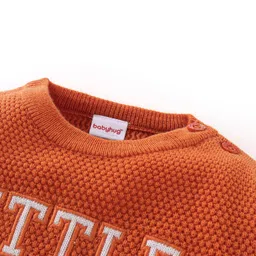 Babyhug 100% Acrylic Knit Full Sleeves Sweater with Text Design - Orange image 3
