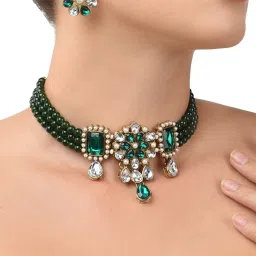 Zaveri Pearls Multistrand Green Beads & Stones Traditional Choker Necklace & Earring Set-ZPFK9966 image 1