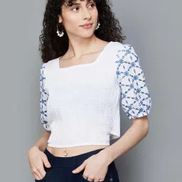 Colour Me by Melange Off-White Cotton Embroidered Crop Top image 1