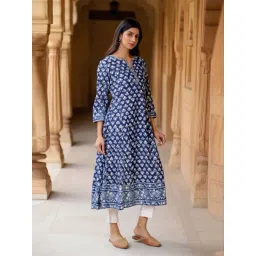 Folksong Blue Cotton Regular Fit Printed Kurta image 3
