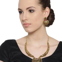 Zaveri Pearls Golden & Red Alloy Classic Necklace & Earring Set image 1