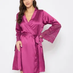 Clovia Pink Satin Solid Robe image 1
