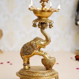 eCraftIndia Gold Brass Decorative Elephant Diya Stand for 5 Wicks image 1