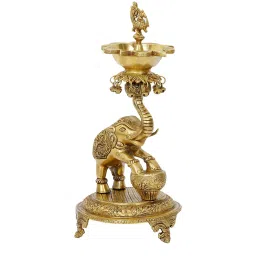 eCraftIndia Gold Brass Decorative Elephant Diya Stand for 5 Wicks image 3