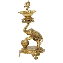 eCraftIndia Gold Brass Decorative Elephant Diya Stand for 5 Wicks image 4