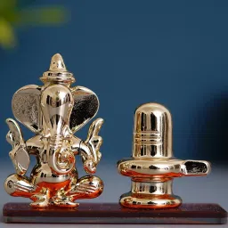 eCraftIndia Orange & Gold Crystal Lord Ganesha with Shivling Statue image 1
