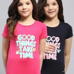 Monte Carlo Kids Navy Blue & Pink Printed Regular Fit T-Shirt - Pack of 2 image 1