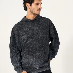 Styli Black Cotton Oversized Self Pattern Hooded Sweatshirt image 1