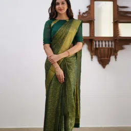 SHUBHKALA Green Silk Woven Saree With Unstitched Blouse image 1