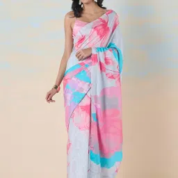 navyasa by liva Pink & Blue Floral Print Saree With Unstitched Blouse image 1