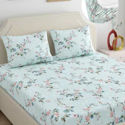 Dreamscape Sea Green Cotton Floral Bed Sheets Sets image 1