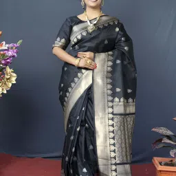 SHUBHKALA Black & Golden Silk Woven Saree With Unstitched Blouse image 1