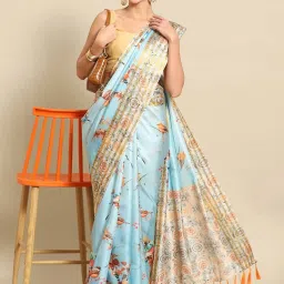 Silk Land Blue Silk Printed Saree With Unstitched Blouse image 1