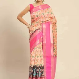 Silk Land Peach & Pink Silk Printed Saree With Unstitched Blouse image 1