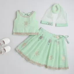 Many Frocks Kids Green Embroidered Ghagra, Choli with Dupatta image 1