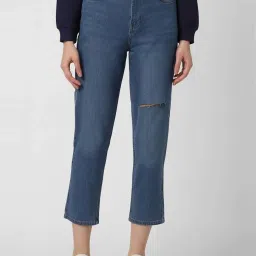 Van Heusen Blue Cotton Distressed Mid Rise Crop Jeans image 1