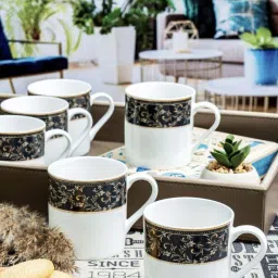 SONAKI White & Black Bone China Tea & Coffee Mugs (200ml) - Set of 6 image 1