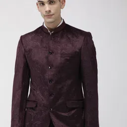 Park Avenue Men Burgundy Velvet Self Design Slim Fit Bandhgala Blazer-picture-22