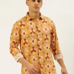 SHOWOFF Mustard Linen Slim Fit Printed Shirt-image-52