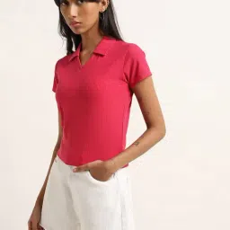 Nuon by Westside Fuchsia Ribbed Textured T-Shirt-image-66