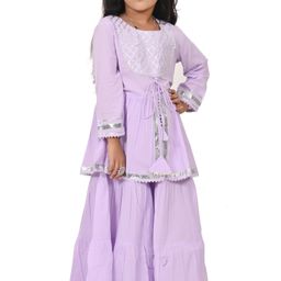 Megha Overseas Girls Round Neck Pleated Gotta Patti Anarkali Kurti With Sharara-image-49