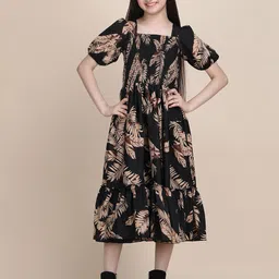STARWORD Girls Floral Print Puff Sleeve Crepe Fit & Flare Midi Dress-picture-16