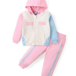 Babyhug Cotton Terry Knit Full Sleeves Hooded T-Shirt & Lounge Pants Set With Text Print - White & Pink-picture-18