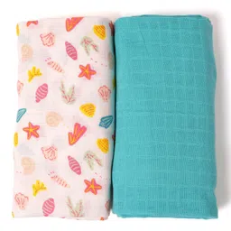 TIDY SLEEP Cotton Muslin Swaddle - Shells & Solid Sea Green-Pack Of 2-picture-12