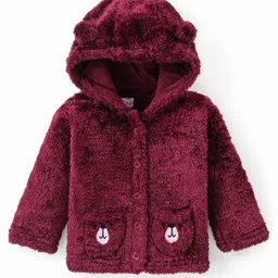Babyhug Woven Full Sleeves Hooded Front Open Winter Fur Jacket with Bear Patch Detailing - Maroon-image-47