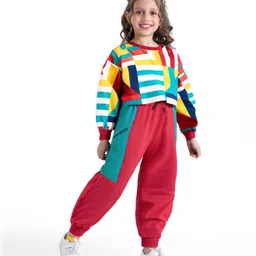 Ollington St. 100% Cotton Knit Full Sleeves Abstract Printed Winter Wear Set - Red image 1