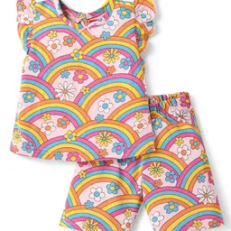 Babyhug Single Jersey Knit Frill Sleeves Capri Night Suit With Floral & Rainbow Print - Pink-picture-18