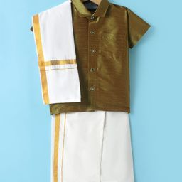 Dapper Dudes Half Sleeves Solid Shirt With Mundu & Angavastram Set - Olive Green-picture-48