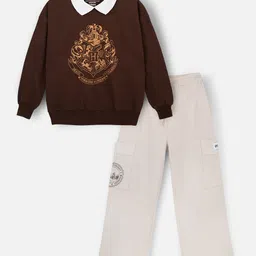 Nap Chief Pure Cotton Warner Bros Featuring Full Sleeves Hogwarts Houses Printed Sweatshirt & Pant Set - Brown-picture-27