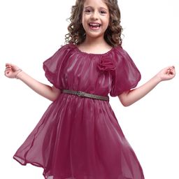 Hola Bonita Woven Half Sleeves Shiny Fabric Solid Frock With Floral Applique & Belt - Wine-picture-24
