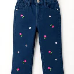 Babyhug Denim Full Length Washed Jeans With Stretch & Floral Embroidery - Navy Blue-picture-31