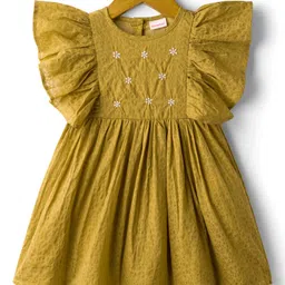 Babyhug Cotton Woven Flutter Sleeves Frock with Floral Embroidery - Olive Green-image-45