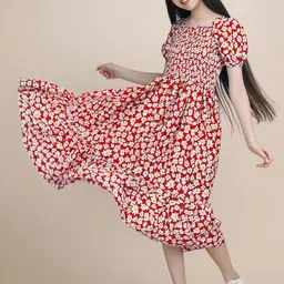 Pinly Floral Print Puff Sleeve Crepe Fit & Flare Midi Dress-picture-58
