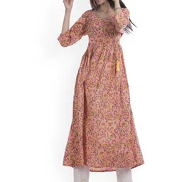 TAJNAN Floral Printed V-Neck Pure Cotton Angrakha Anarkali Kurta With Trousers-image-0