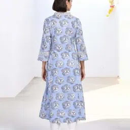 Folksong Blue Cotton Regular Fit Printed Kurta image 2