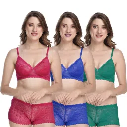 AROUSY Green & Blue Self Pattern Bra Panty Set - Pack Of 3 image 1