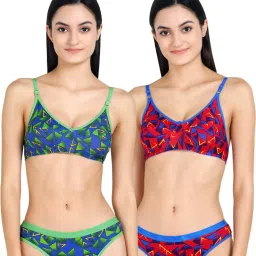 AROUSY Red & Blue Cotton Printed Bra Panty Set - Pack Of 2 image 1
