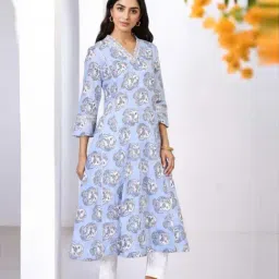 Folksong Blue Cotton Regular Fit Printed Kurta image 3
