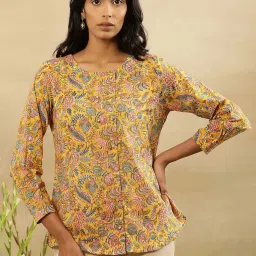 folksong W Honey Yellow Cotton Floral Print Top image 1