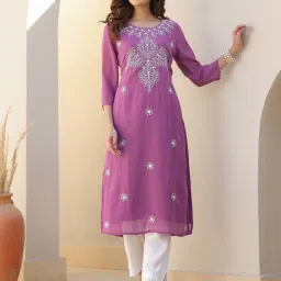 Janasya Lavender Embroidered Kurtas image 1