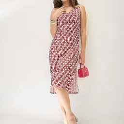 Globus Women Red Cowl Neck Metal Shoulder Straps Side Slits Sheath Midi Party Dress image 1