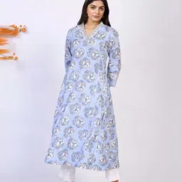 Folksong Blue Cotton Regular Fit Printed Kurta image 4