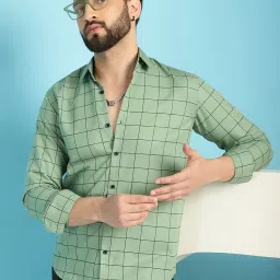 Indian Needle Pista Green Regular Fit Check Cotton Shirt image 1